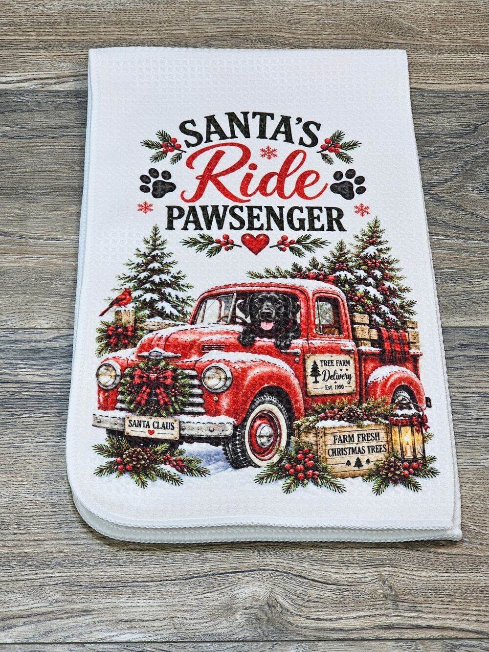 Santa’s Ride Pawsenger Christmas Dog Kitchen Towel Red Truck Holiday Decor
